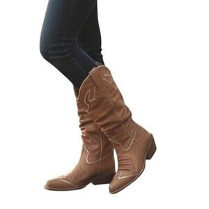 NaNa Slouch Western Cowboy Boots Women's Leather Sz 9 Brown With Golden Accents